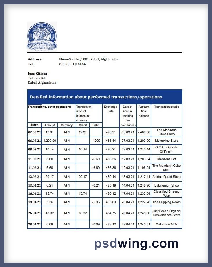 Afghanistan Da Afghanistan Bank Statement (Excel)